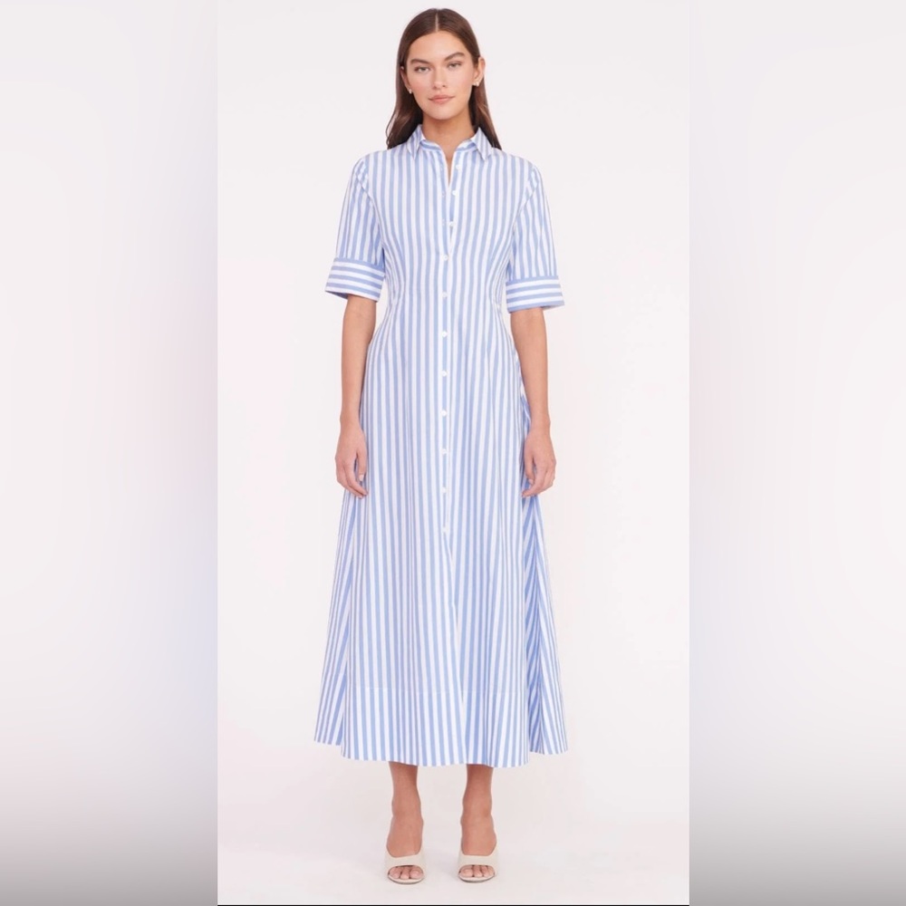 STAUD JOAN MAXI DRESS SEA STRIPE, NWT, Size 6, white and hydrangea blue stripe